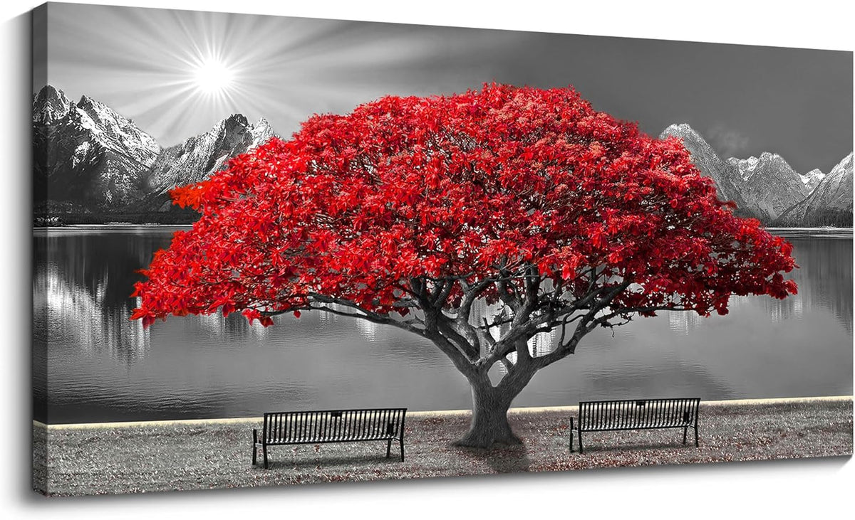 Black and White Red Tree Wall Art Canvas Print Picture Large Red Tree Landscape Modern Artwork for
