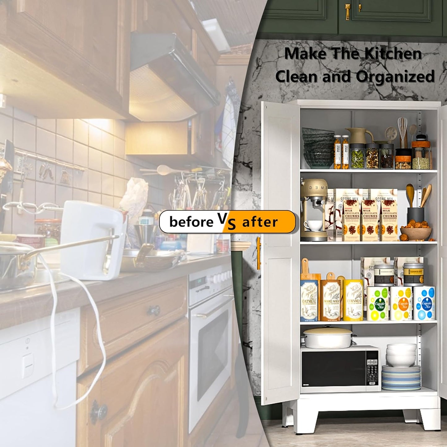 White Metal Kitchen Storage Cabinet, Kitchen Pantry Storage Cabinet with Doors and Shelves, Storage