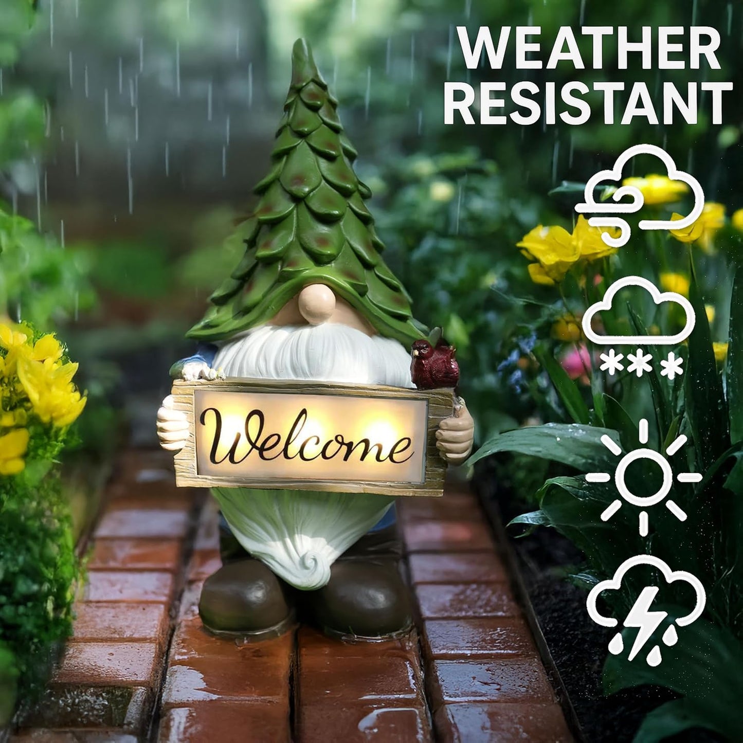 Large Garden Gnome Statue with Solar Lights, 13.5” Welcome Sign Gnome Outdoor Decor for Yard Lawn