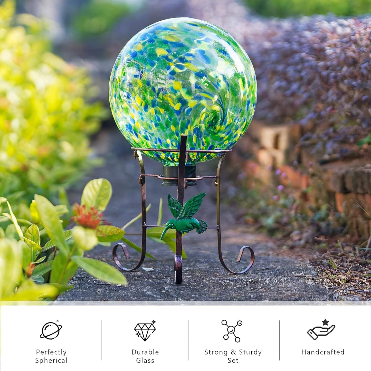 10 Inch Glass Gazing Ball, with 9.4" Tall Metal Gazing Globe Stand, Glass Balls Display Holder Set