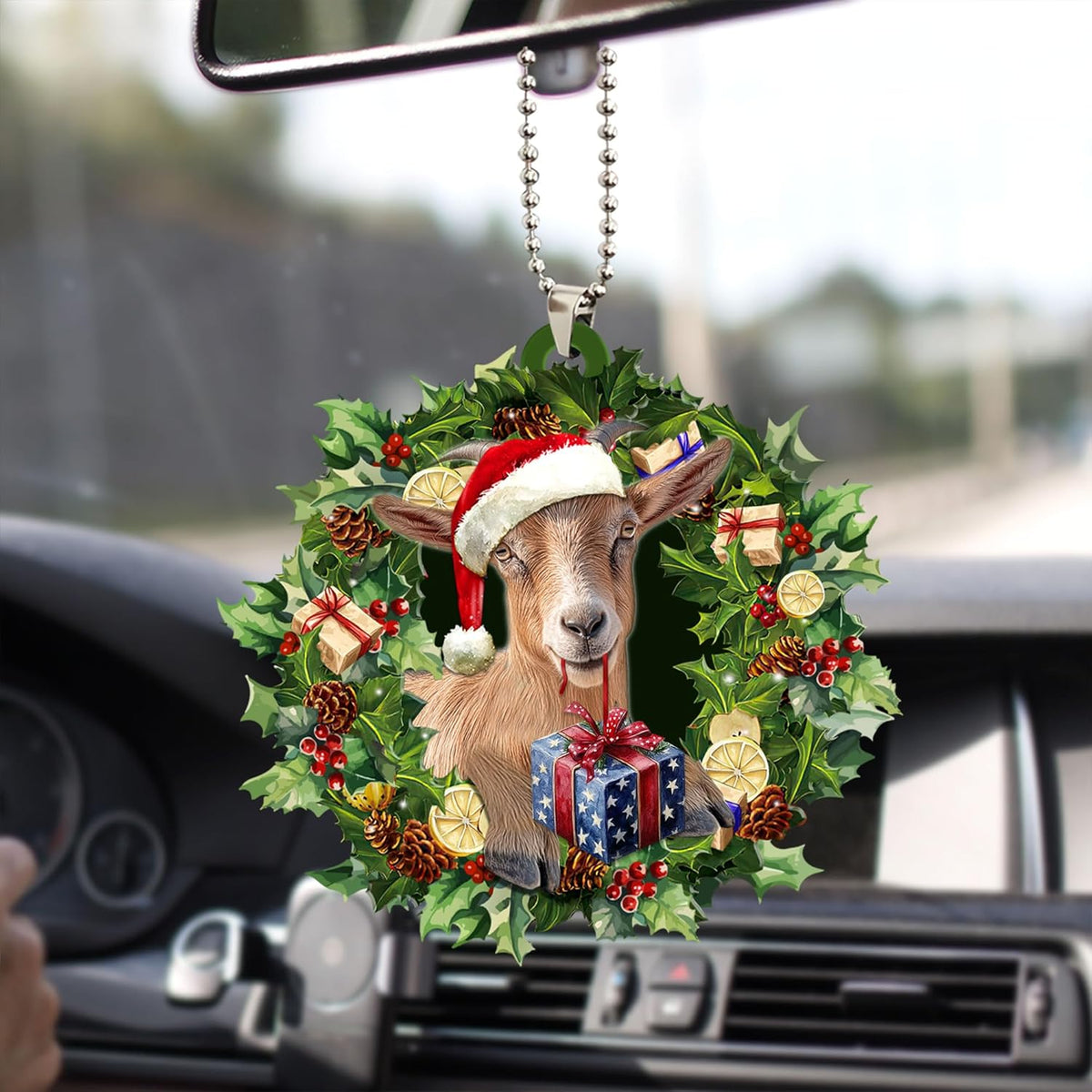 Talataca Goat Wearing A Christmas Hat Wreath Farm Lover 2D Flat Car Rear View Mirror Accessories