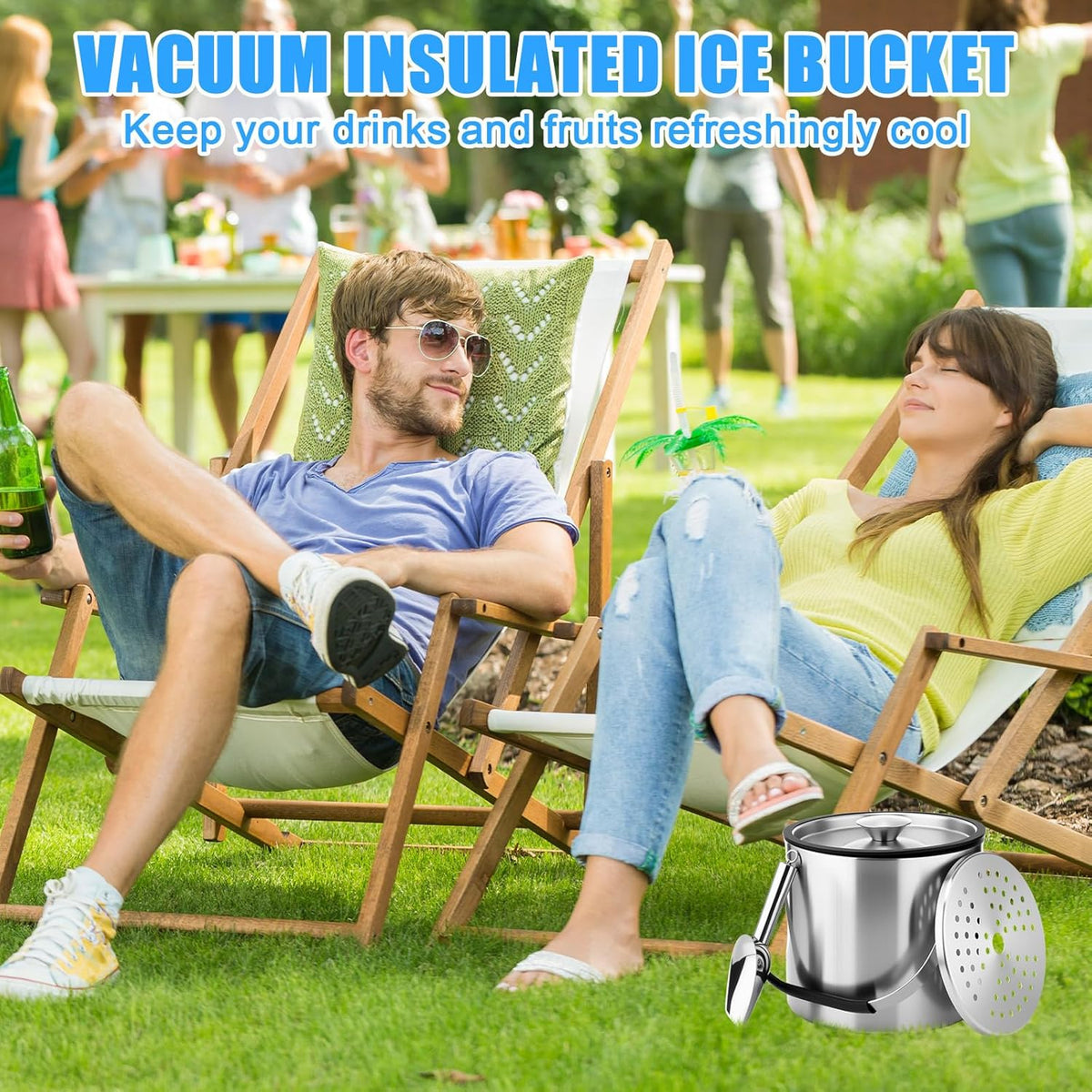 meekoo 3 L Double Wall Insulated Stainless Steel Ice Bucket with Lid, Scoop, Strainer, Handle Large