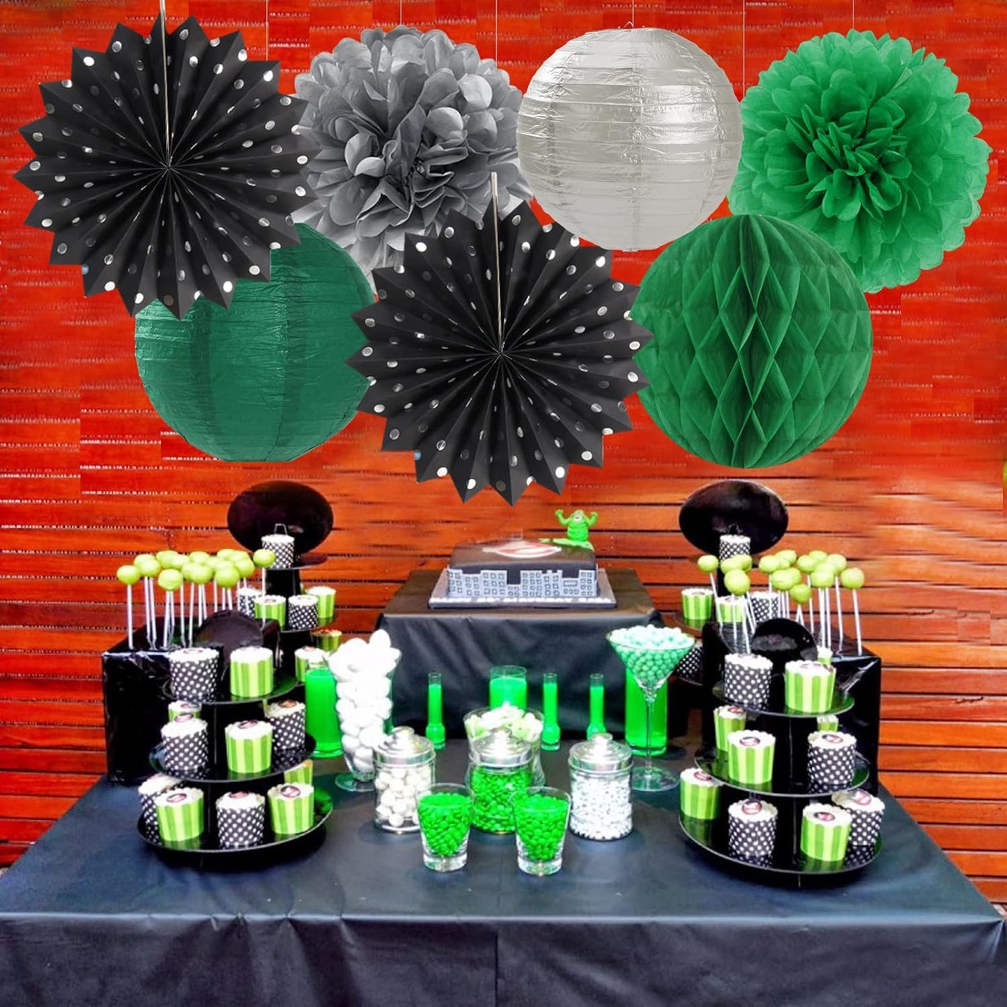 Black-Green Silver Party-Decorations Streamers Lanterns - 14pcs Graduation 2025 Paper Lanterns