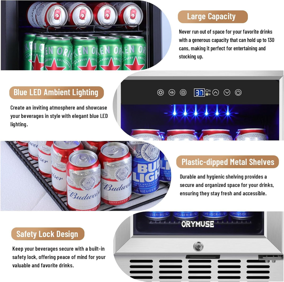15 Inch Beverage Refrigerator, 130 Can Capacity Under Counter Fridge with Lock & Glass Door, Quiet
