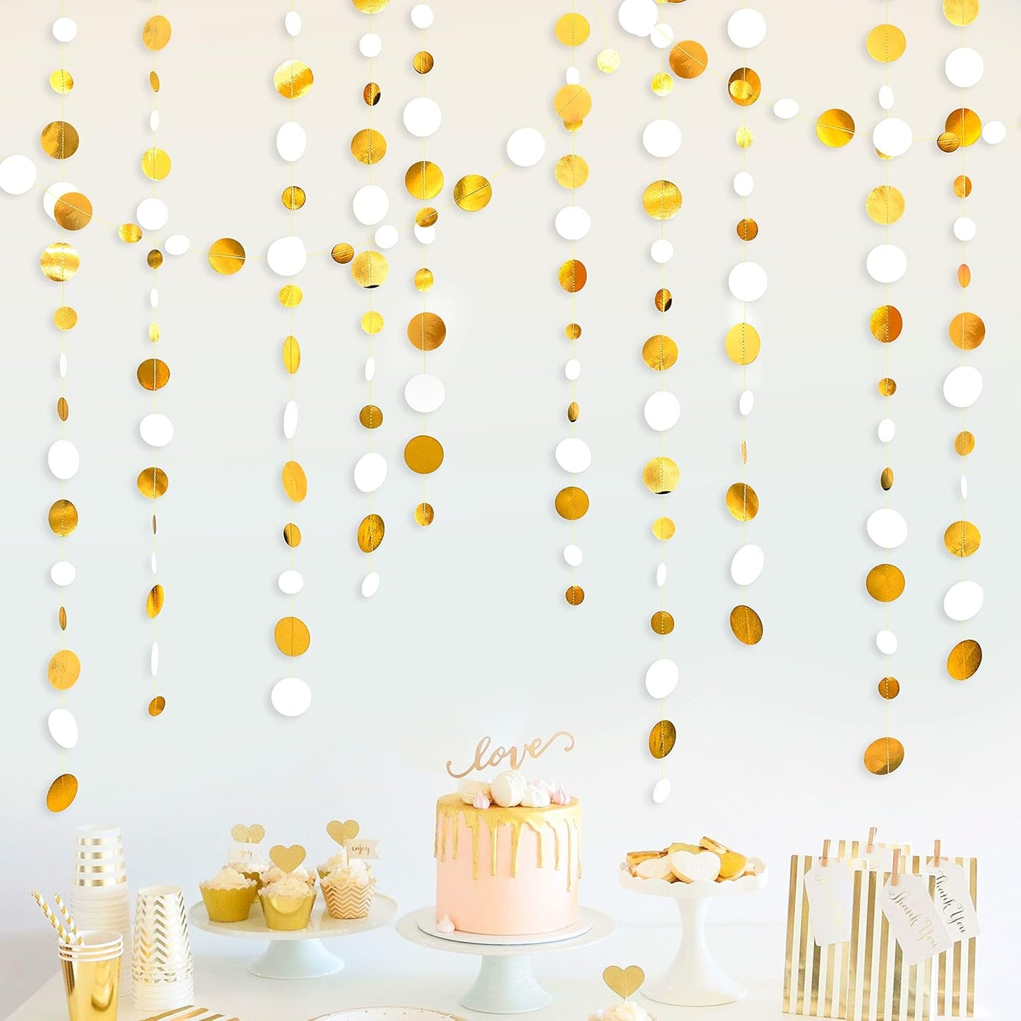 46 Feet White and Gold Circle Dots Garland Hanging Paper Polka Dots Streamer for Birthday