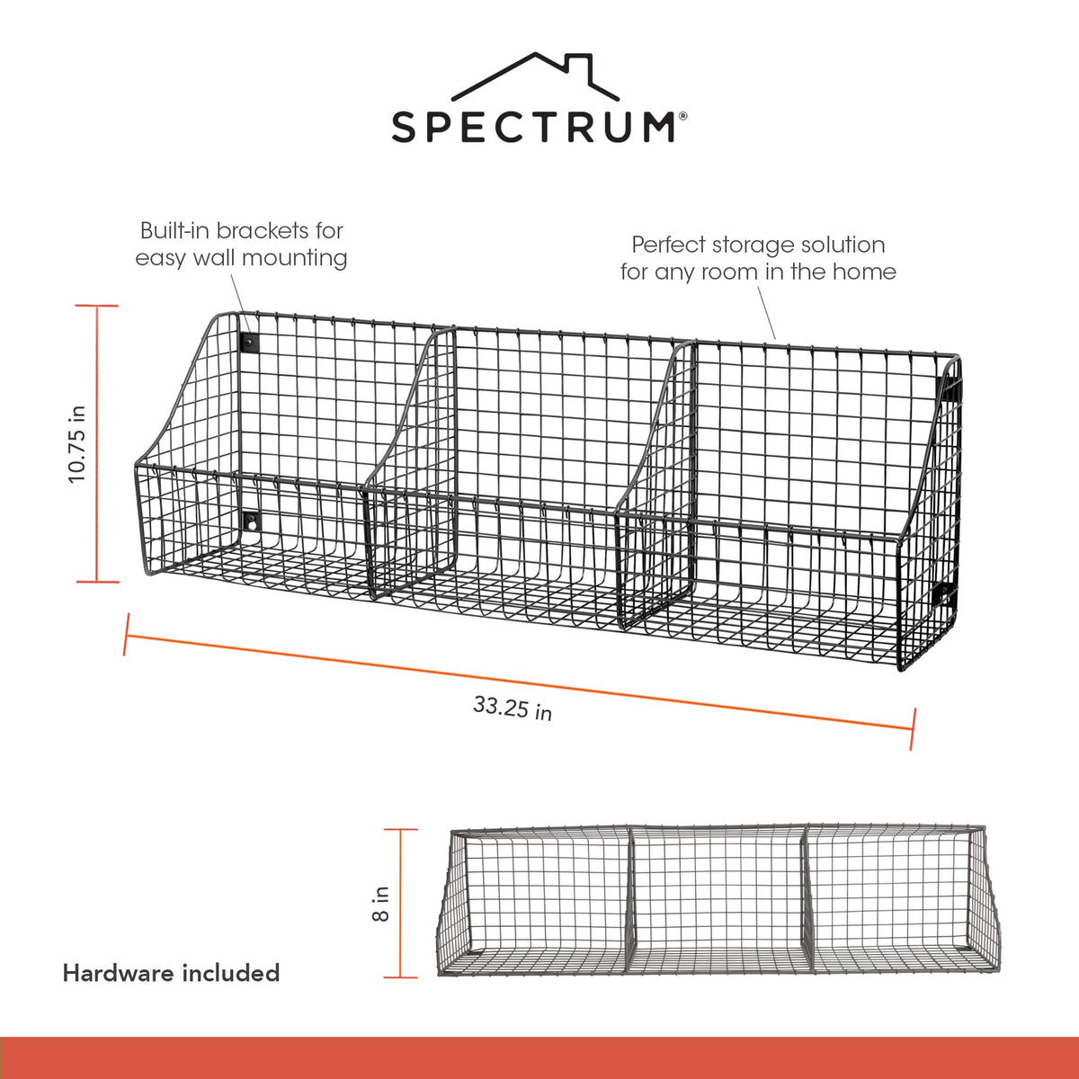 Spectrum Diversified 89076 Wall Mount Triple Storage Basket, Industrial Gray