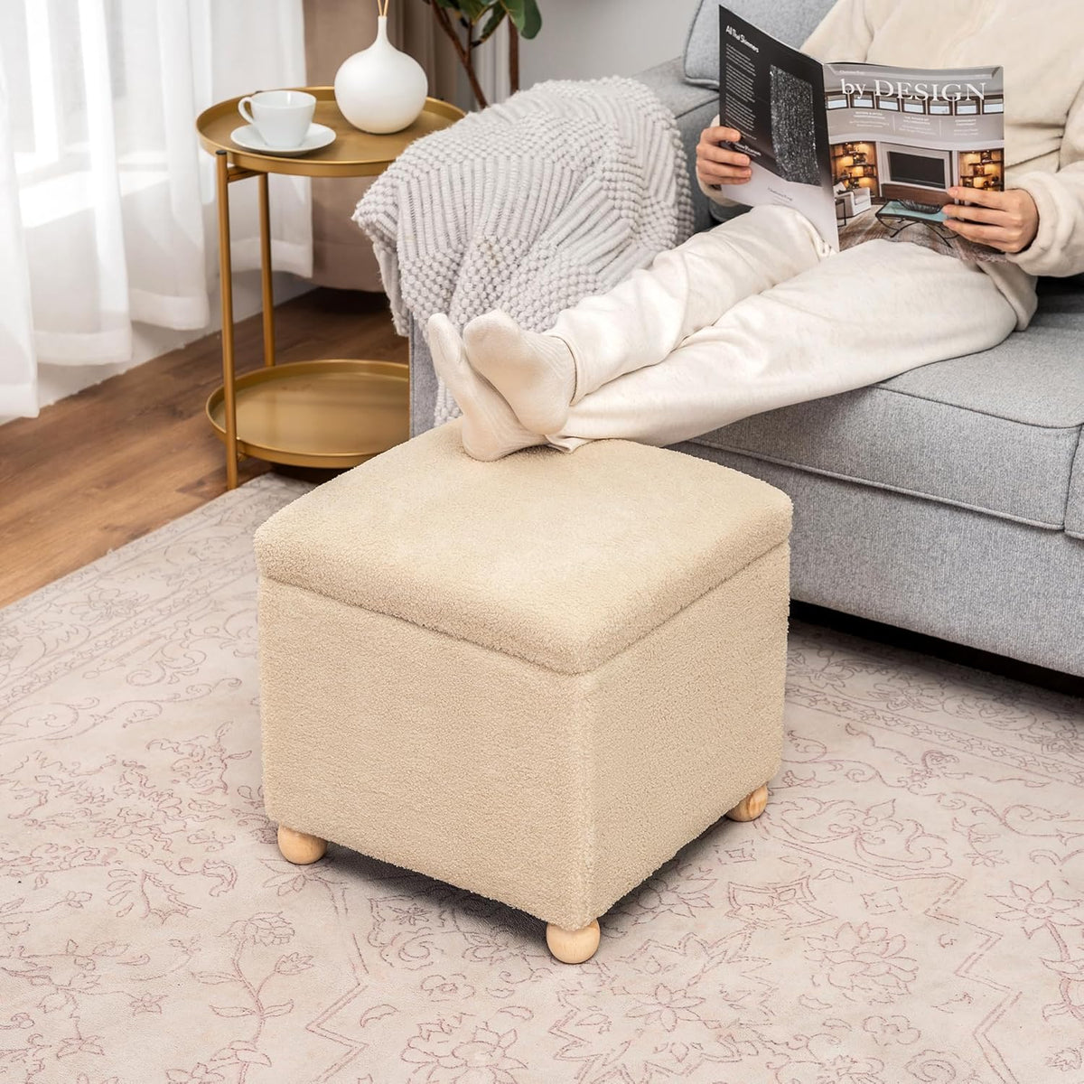 Adeco 17 Inch Soft Oatmeal Cube Ottoman Storage, Teddy Velvet Chair Foot Stools, Upholstered Vanity