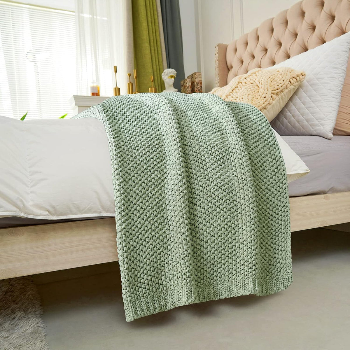 Chunky Cable Knit Throw Blanket Lightweight Light Green 100% Organic Cotton Blanket for Sofa Couch