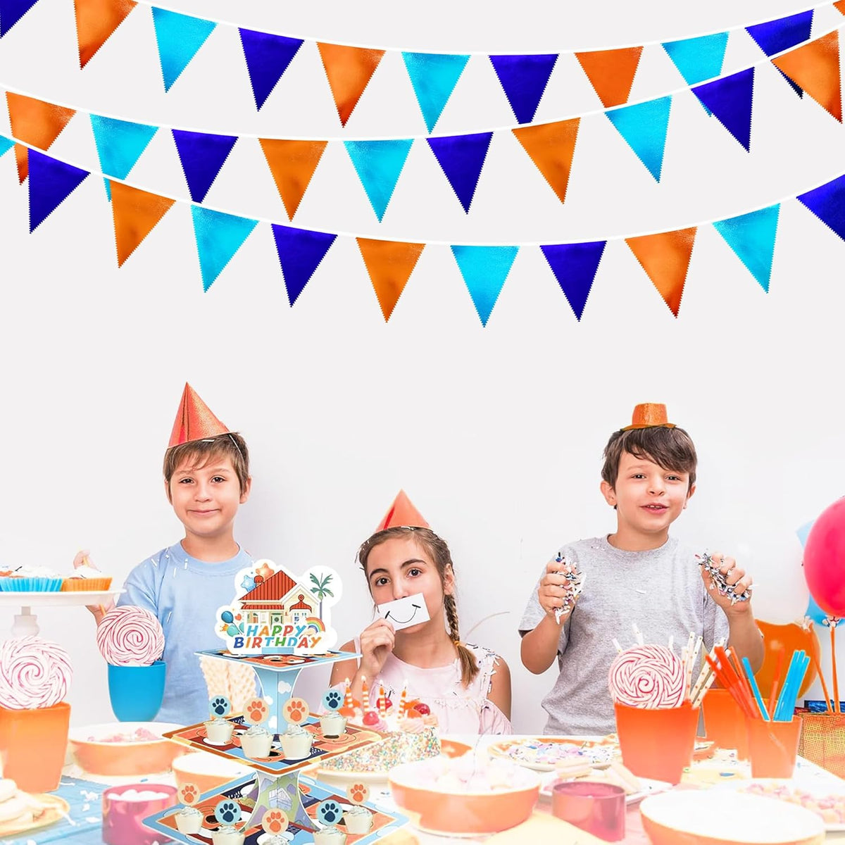 Orange Blue Party Decorations Metallic Fabric Triangle Pennant Flag Bunting Banner Garland for