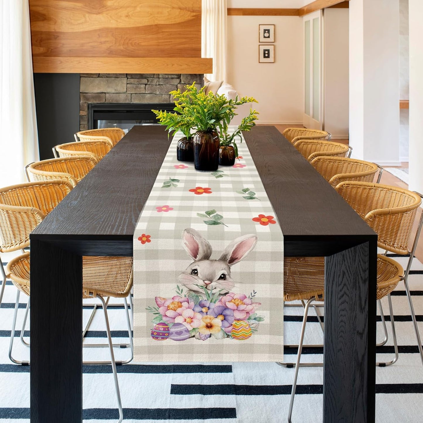 Easter Table Runner 13x72 Inch Bunny Rabbit Flowers Leaves Buffalo Plaid Eggs Seasonal Holiday