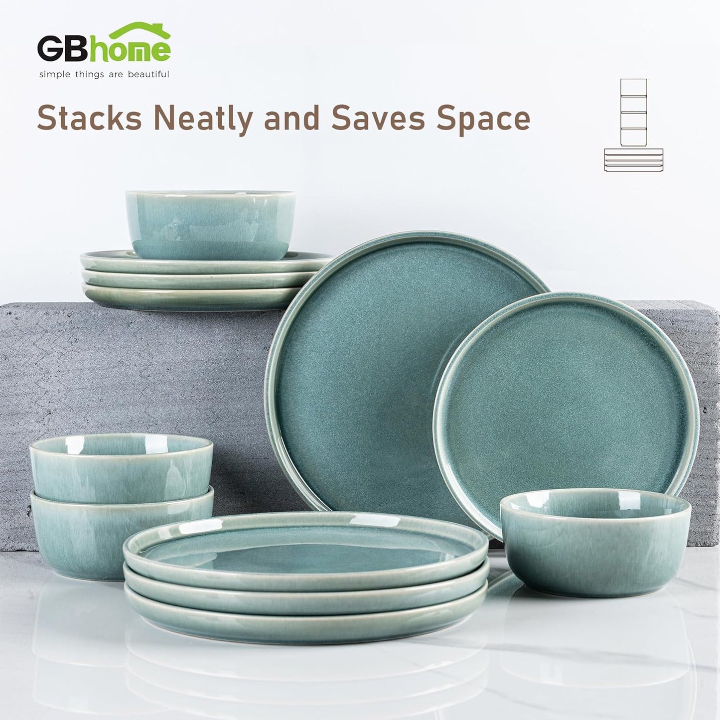 GBHOME Ceramic Dinnerware Sets for 4, 12 Pieces Stoneware Plates and Bowls Sets, Scratch Resistant