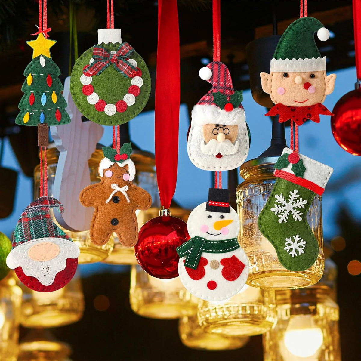 Skylety 8 Pieces 3D Christmas Tree Ornaments Set Felt Santa Snowman Candy Cane Ornament, Stocking
