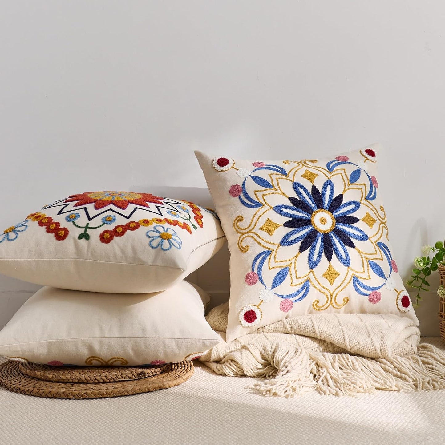 Embroidered Throw Pillow Cover 18x18 Classic Boho Floral Pattern Pillows Cover Outdoor Decorative