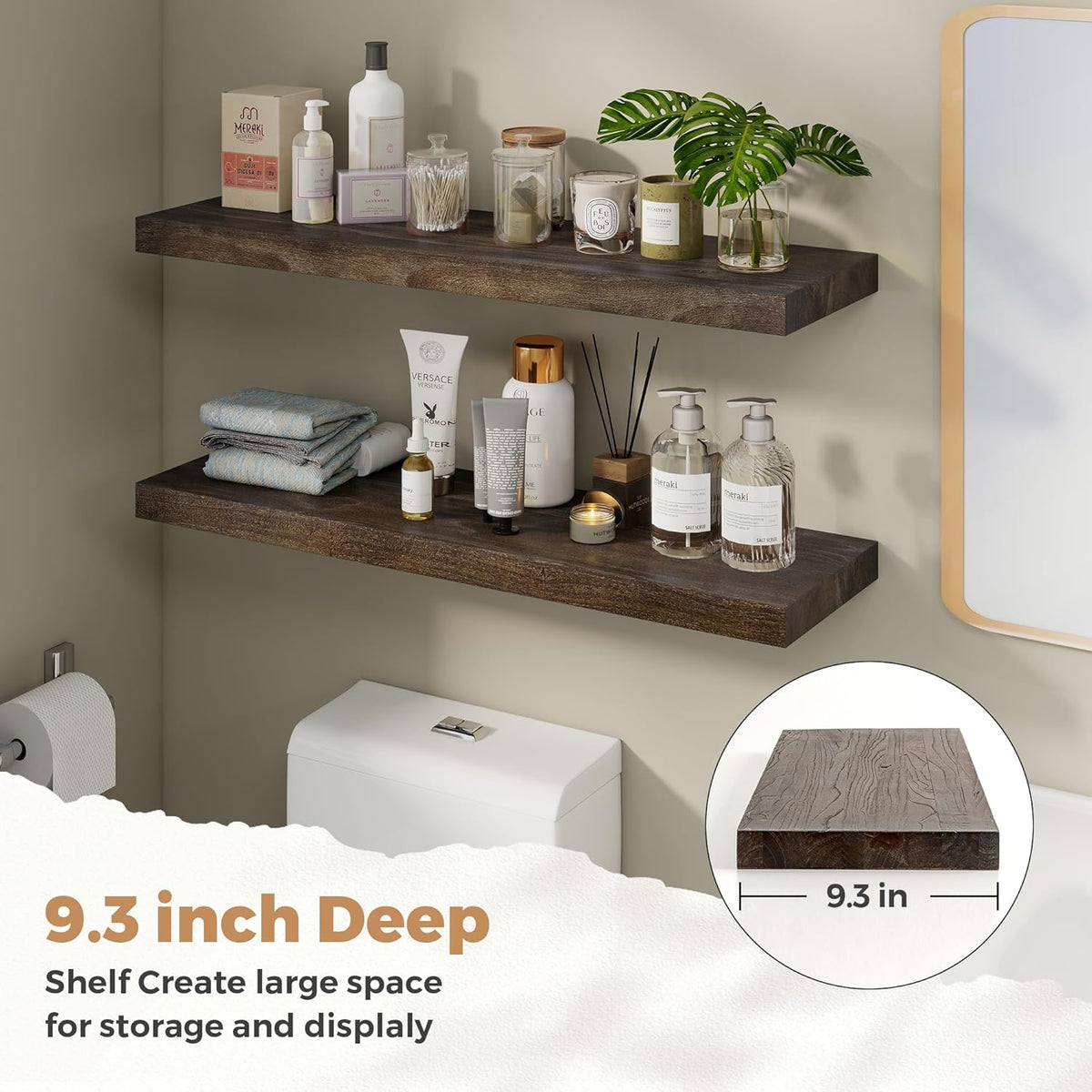RICHFOCUS Elm Floating Shelves for Wall - 36" W x 9.3" D Rustic Solid Wood Shelves with Invisible