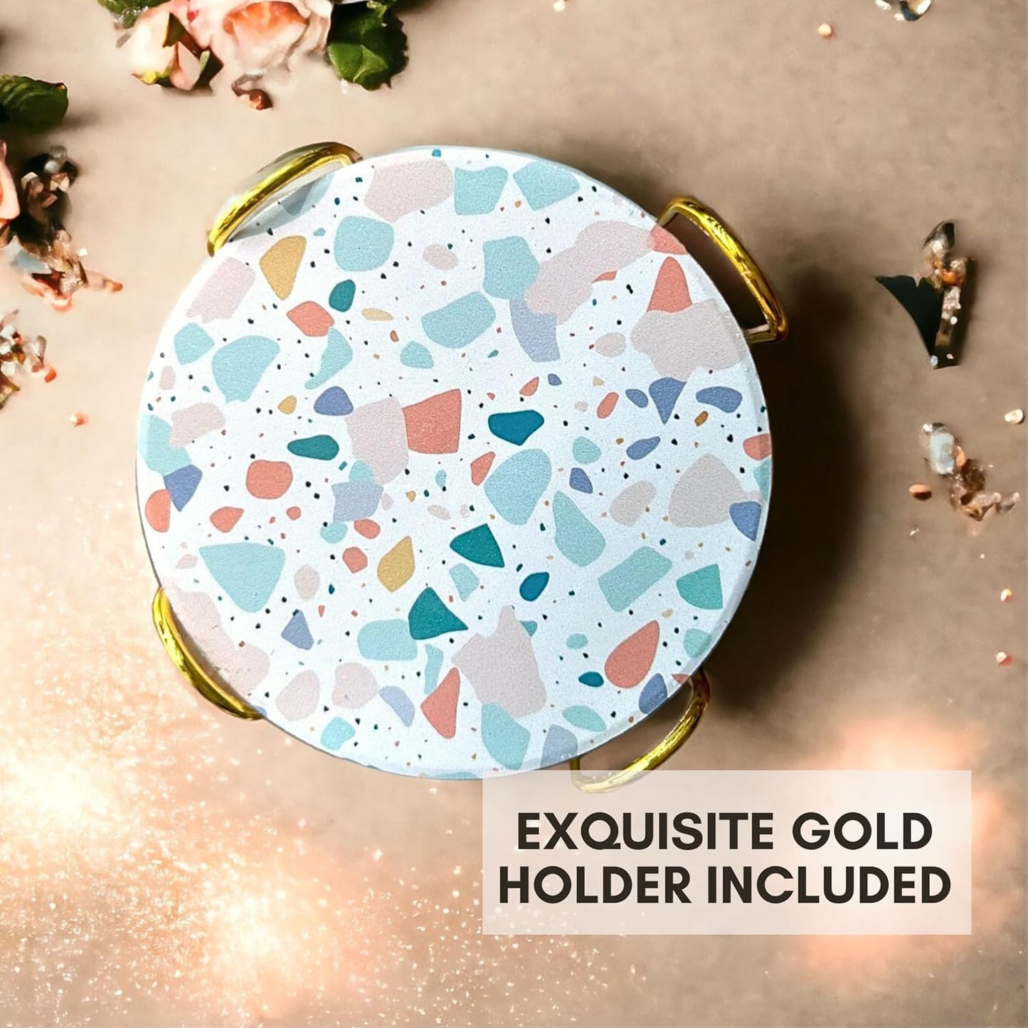 Terrazzo Drink Absorbent Coasters with Holder Set of 6, Ceramic Coaster for Drinks, Coffee Table