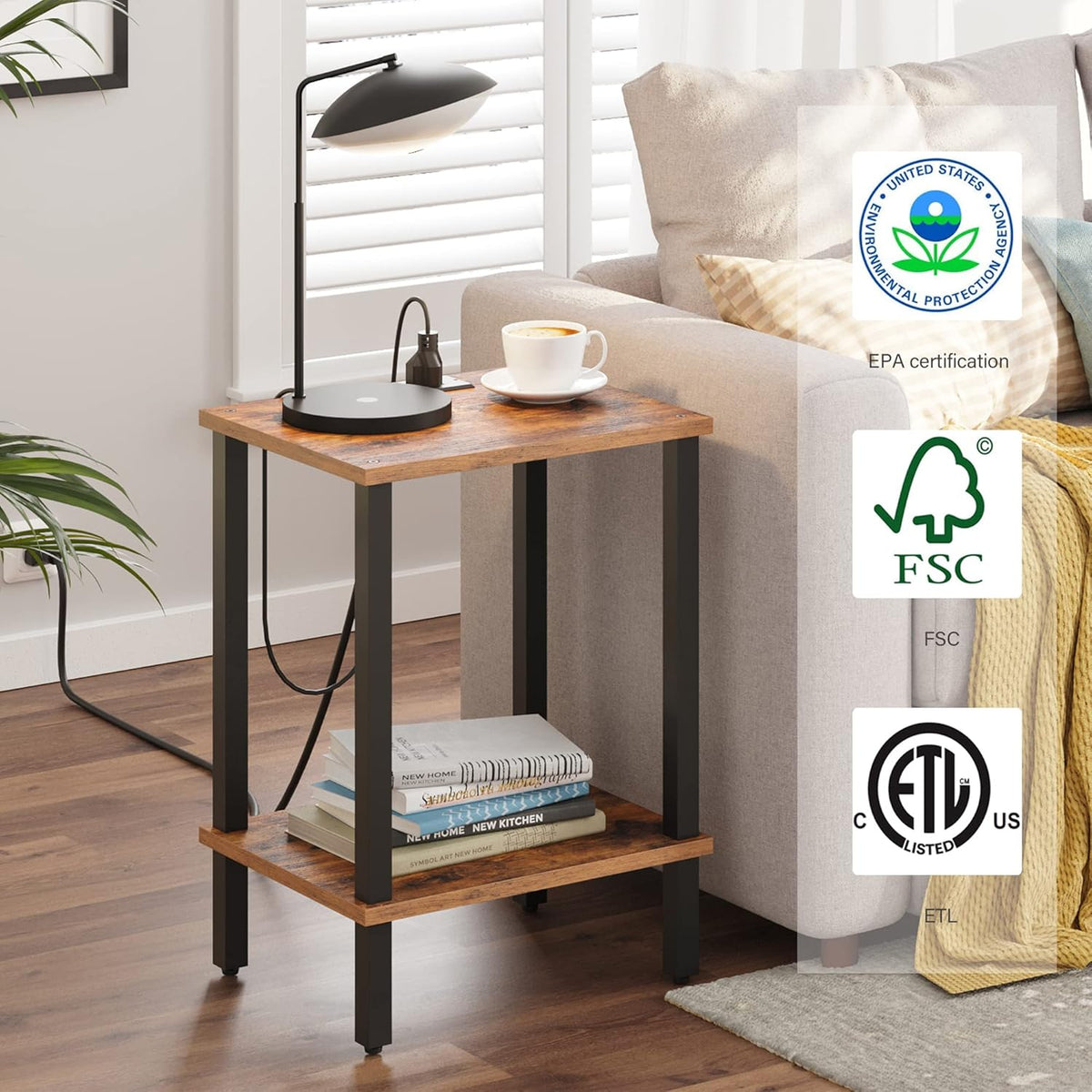 TUTOTAK End Table with Charging Station, Side Table with USB Ports and Outlets, Nightstand, 2-Tier