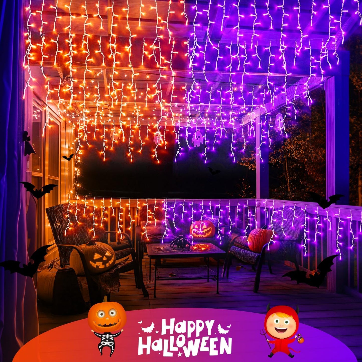JMEXSUSS 400 LED Color Changing Halloween Lights Outdoor, 38.8ft Orange to Purple Halloween Icicle