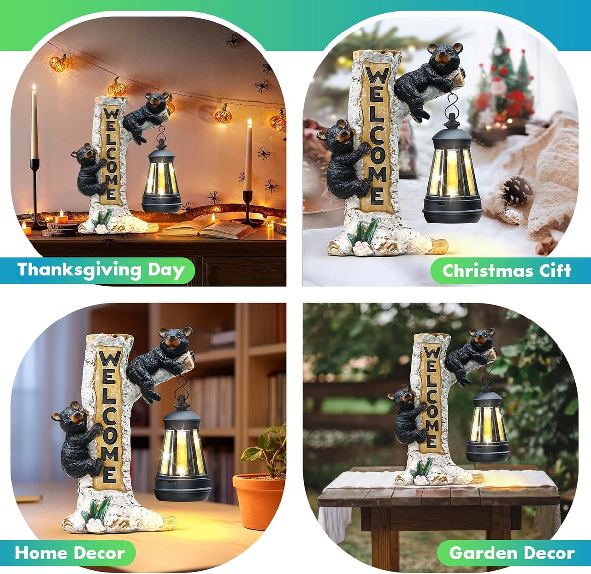 Json Garden Bear Statue with Solar LED Lantern, Gifts for Mom Yard Art, Whimsical Figurine Large