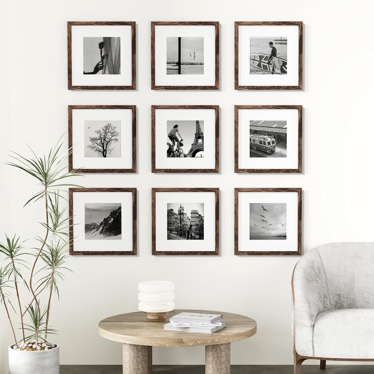 Vittanly 12x12 Picture Frames Set of 9, Shatter Resistant Plexiglass, Display 8x8 Pictures with Mat