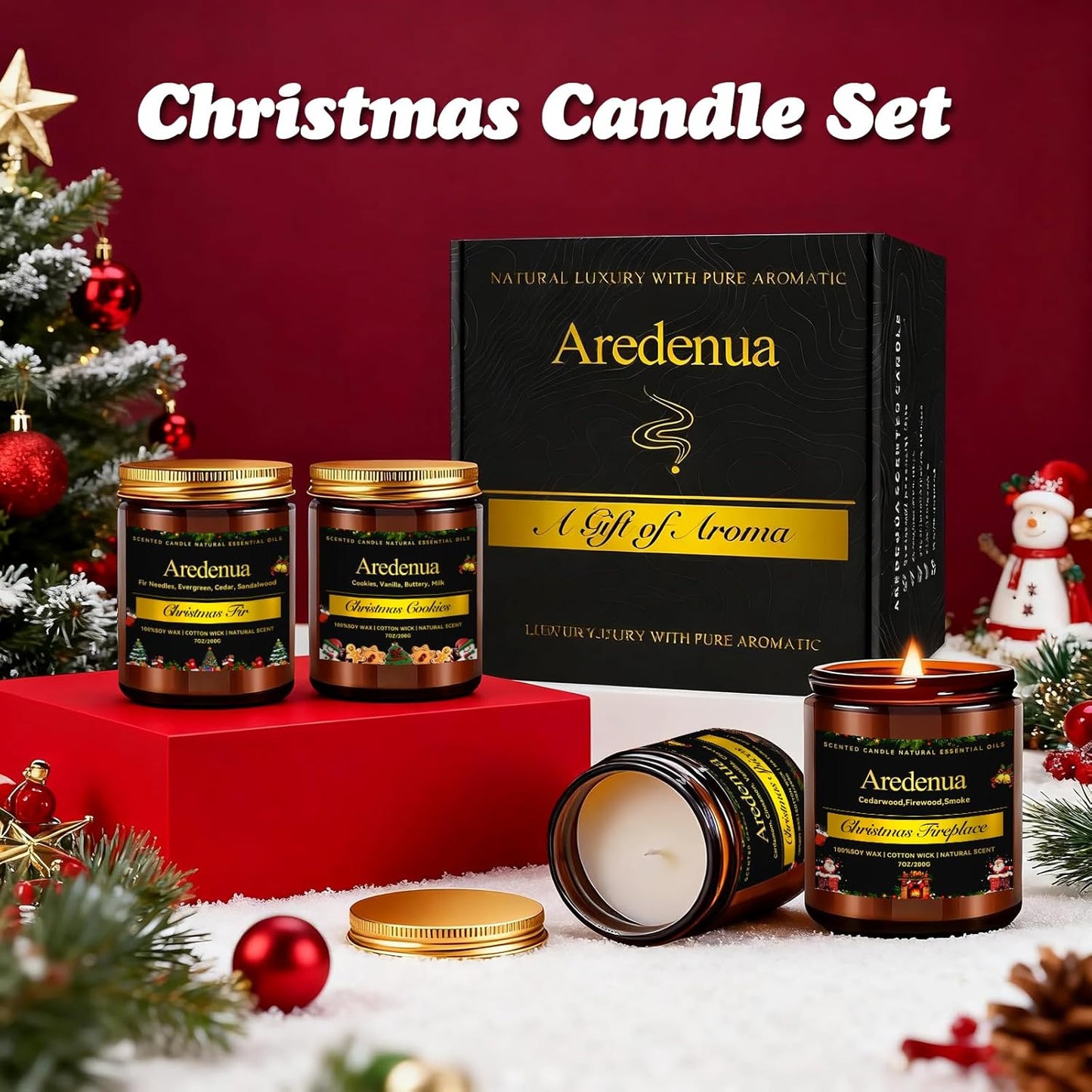 Christmas Candles Set | 4 Pack Winter Holiday Scented Candles, Soy Candles for Home Scented - Xmas