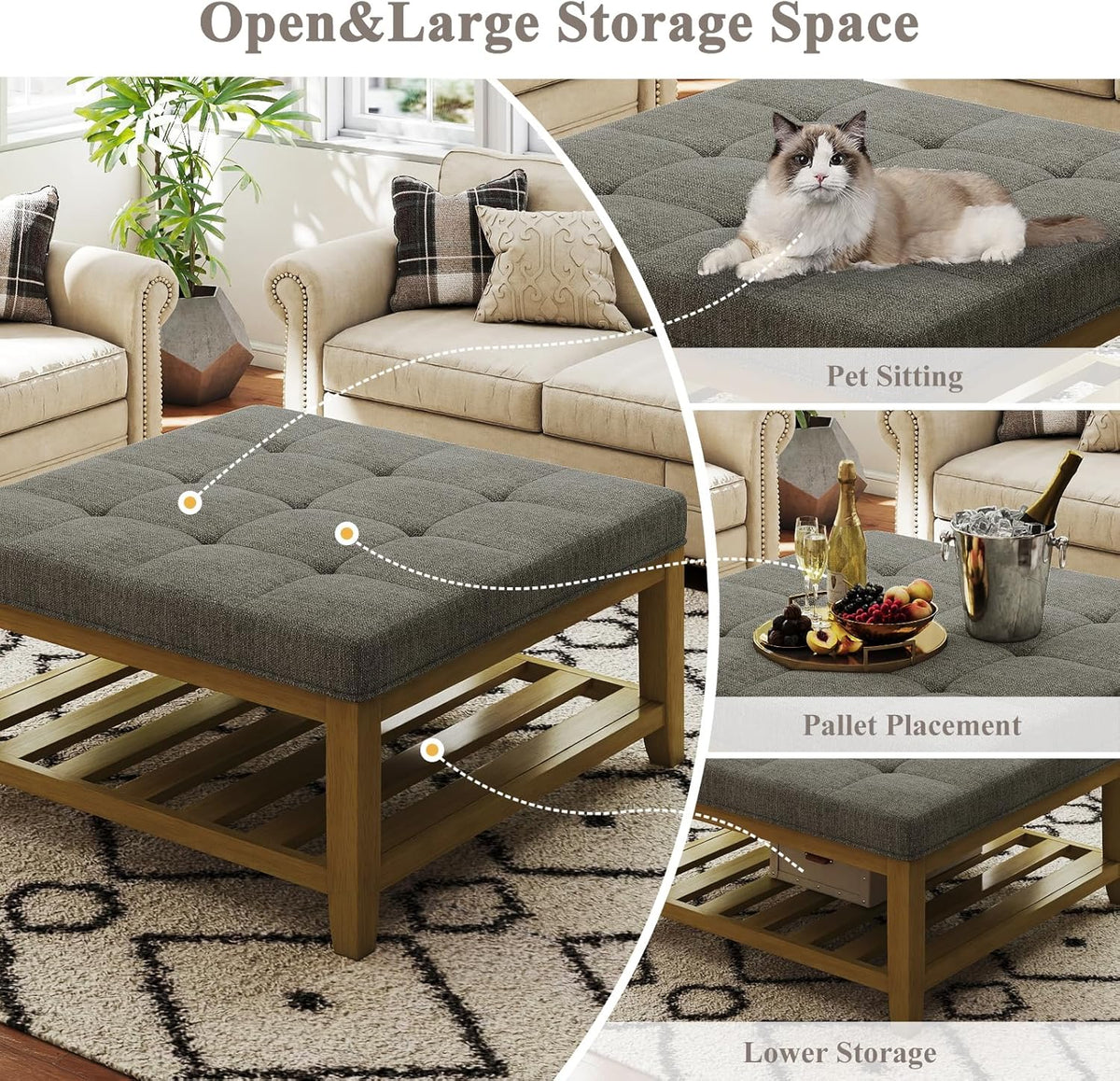 Large Square Ottoman Coffee Table, Linen Solid Upholstered Footrest Ottoman with Solid Wood Shelf