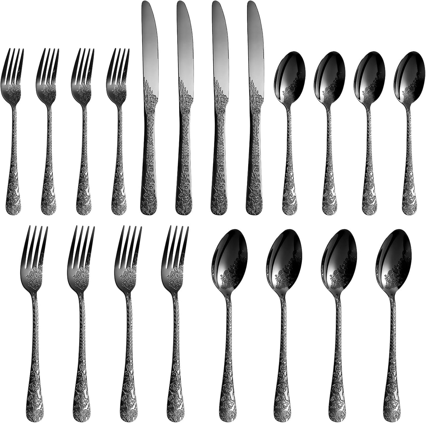 Floral 20 Pcs Black Silverware Set for 4, Food Grade Stainless Steel Flatware Set with Rose Flower