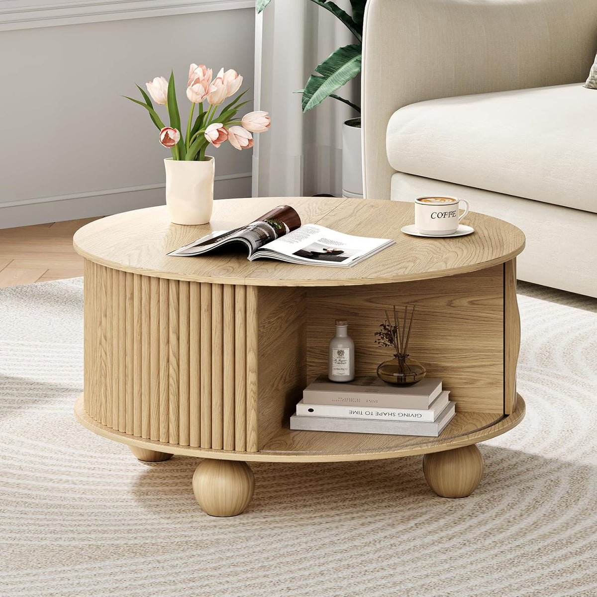 Round Coffee Table with Storage,Fluted Lift Up Coffee Table with Sliding Door,31.5" Drum Center