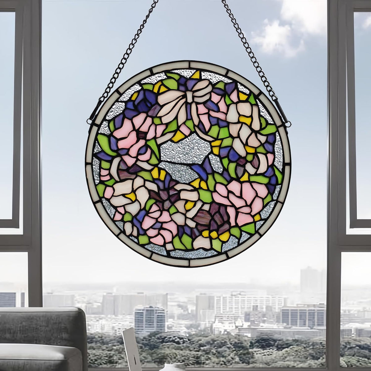 Handcrafted Stained Glass Window Panel - 12-Inch Round Floral Design with Vibrant Colors, Elegant