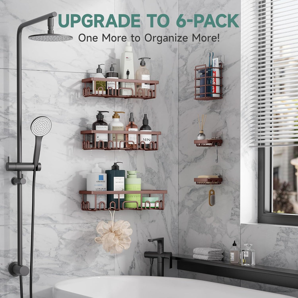 Veken Shower Caddy 6-Pack, No Drilling & Rustproof, Waterproof Adhesive Shelves Rack with Soap