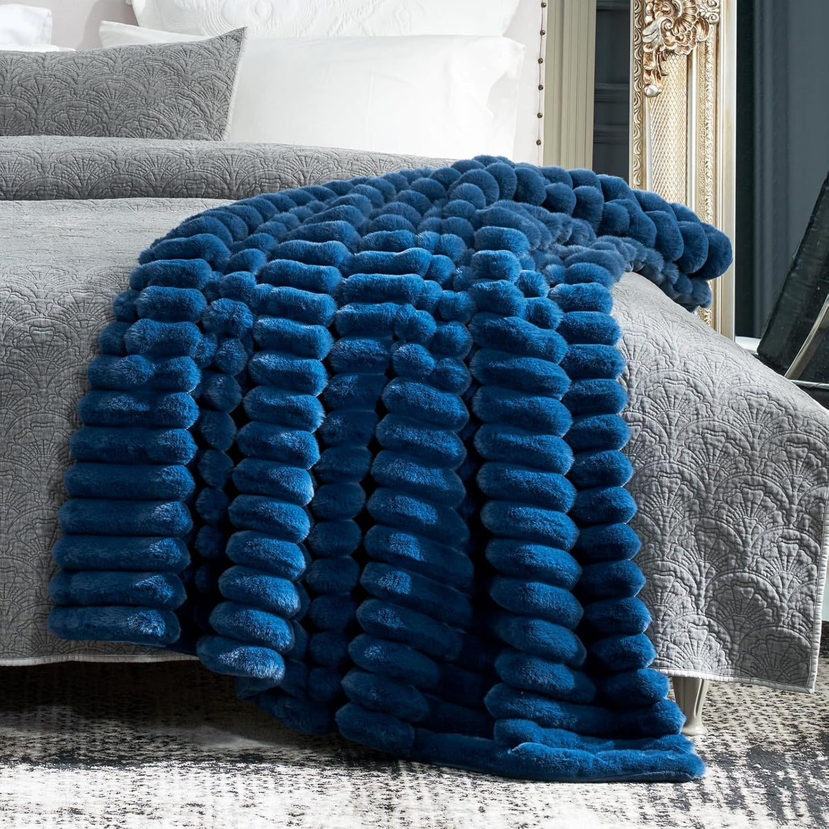 Cozy Bliss Faux Fur Throw Blanket for Couch, Cozy Warm Plush Striped Blanket for Sofa Bedroom