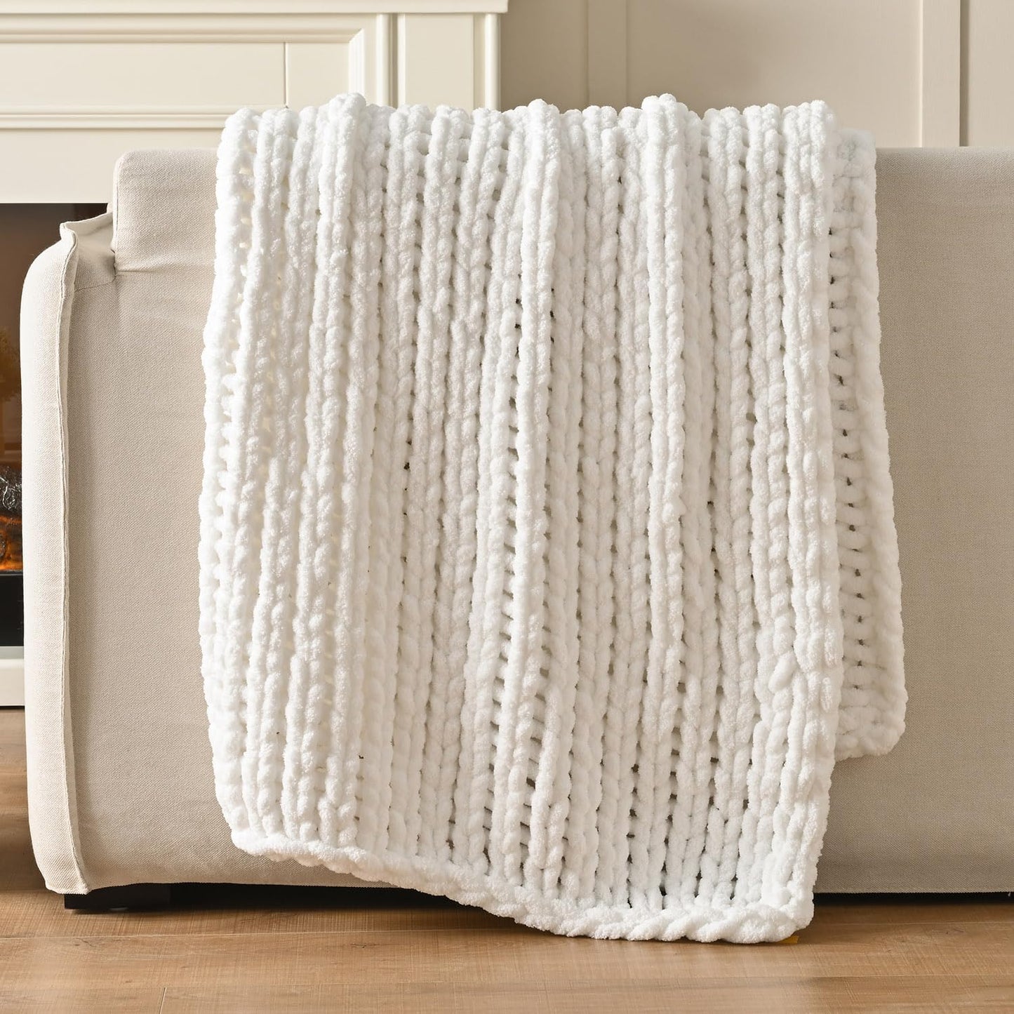 Esterra 100% Hand Knitted Chenille Throw Blanket, 50"x60", White, Polyester, Chunky Knit, Throw