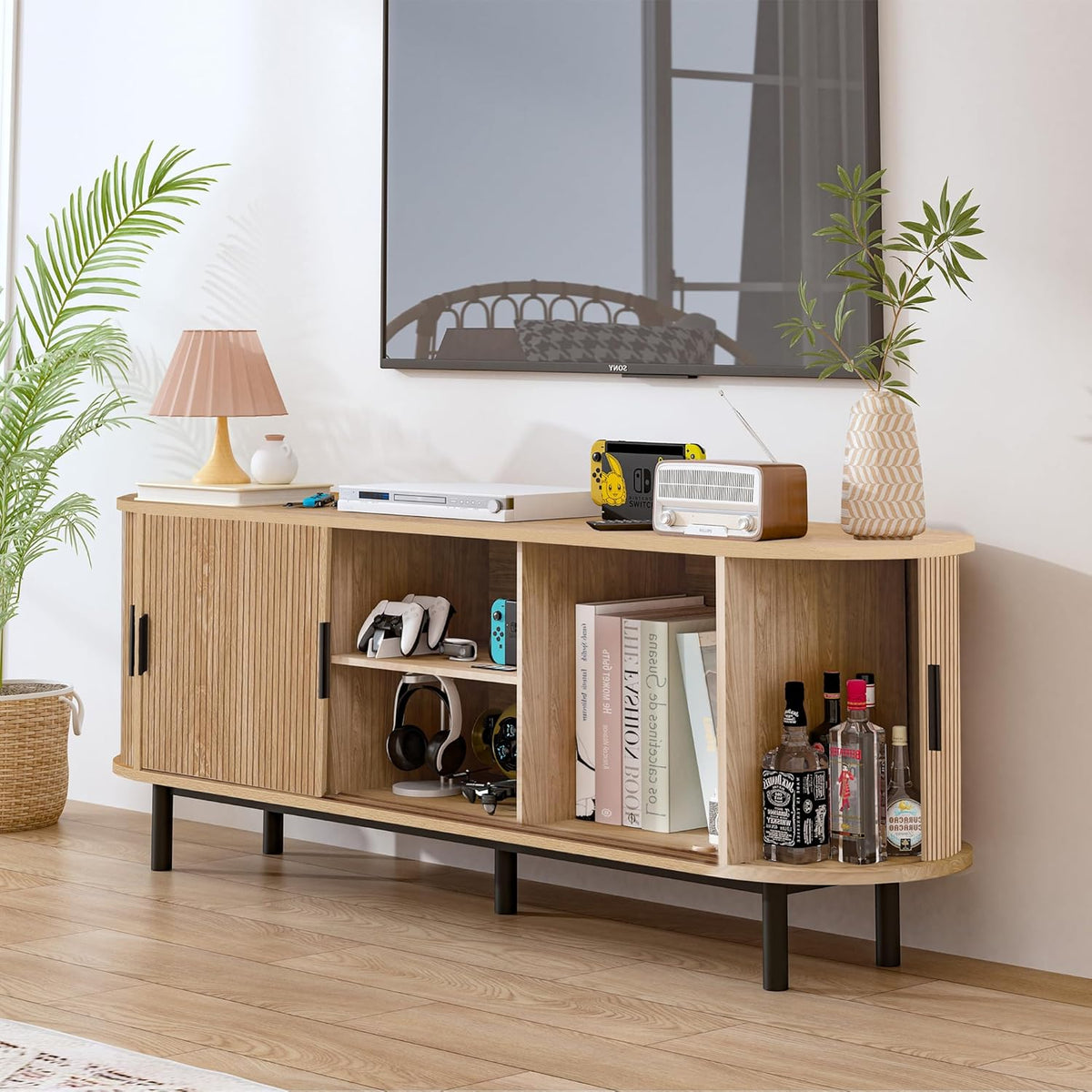 62" Tambour Door TV Stand,Wood Mid Century Modern TV Cabinet for Up to 75“ TV,Curved Edge Long TV