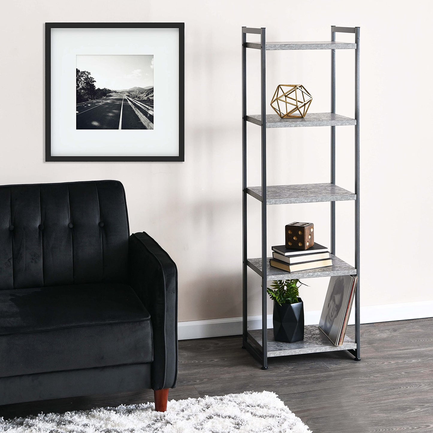 Household Essentials Slate Concrete & Iron Five-Shelf Tower Bookcase