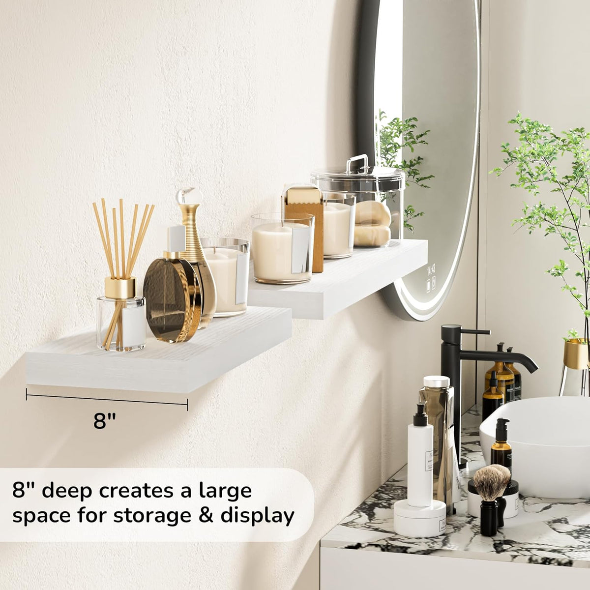 Fun Memories 16 Inch Floating Shelves - Deep Rustic White Wooden Wall Shelves - Extra Deeper &