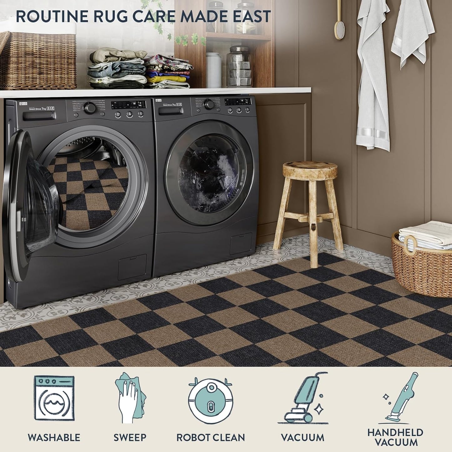 Lahome Checkered Easy Jute 3x5 Rug, Washable Rugs for Living Room Entryway Farmhouse Non Slip Black