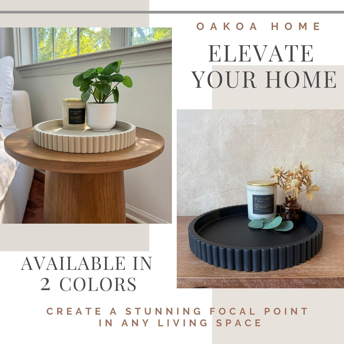 OAKOA Concrete Black Tray for Coffee Table - Round Black Decorative Tray for Table Decor - Bandejas