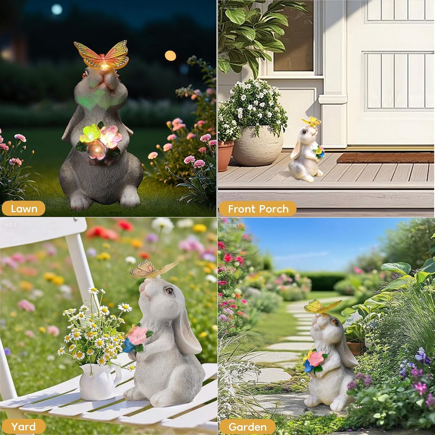 Solar Bunny Statues Light for Garden - Color-Changing Rainbow LED Butterfly,Rabbit Figurine Decor
