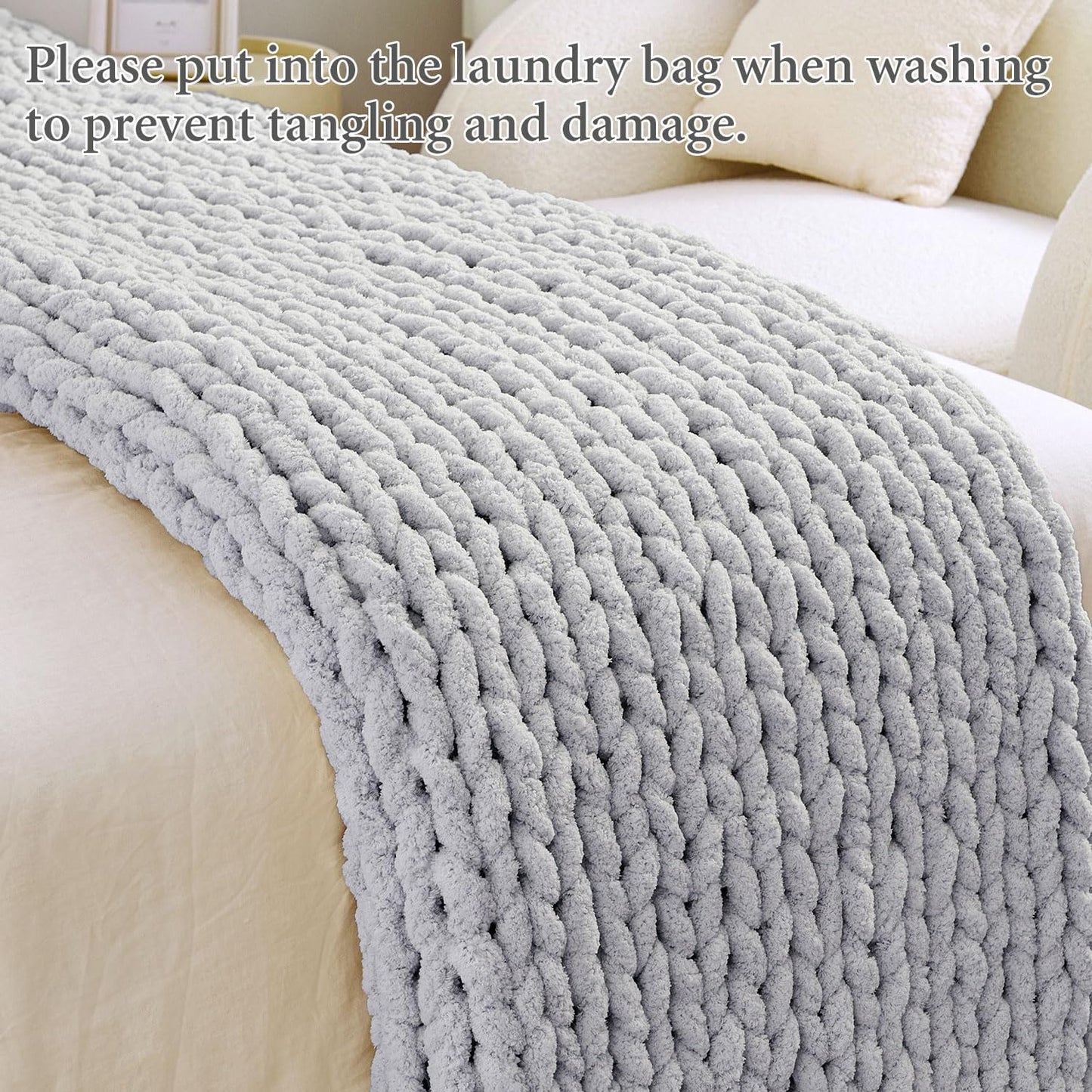 Admitrack Chunky Knit Blanket Throw, 100% Hand Knit Chenille Throw Blanket for Sofa & Home Decor