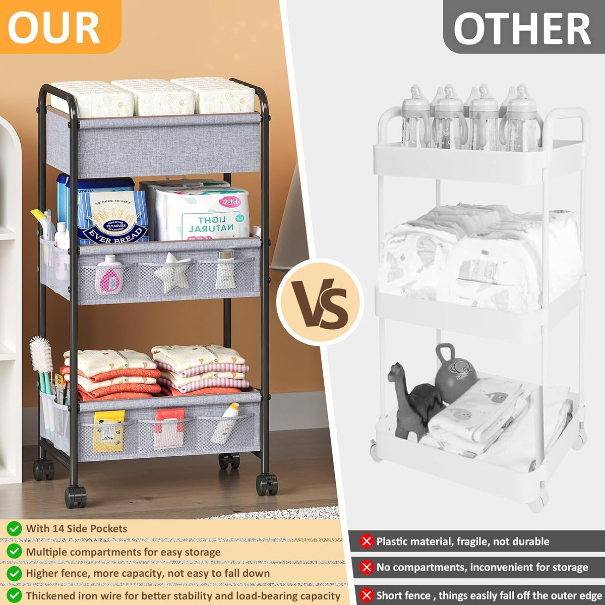 3-Tier Baby Diaper Caddy Cart Organizer with 2 Dividers & 14 Mesh Pockets - Black Mobile Nursery