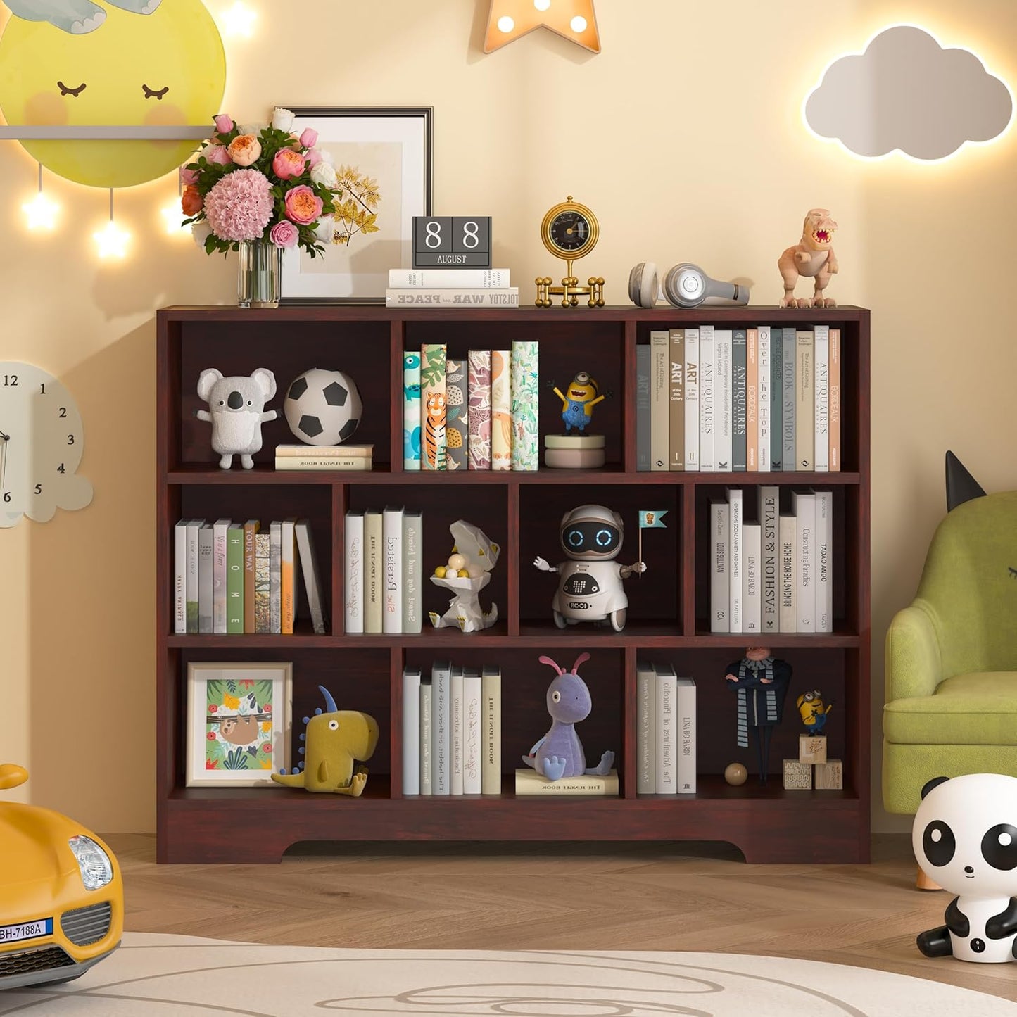 Book Shelf, 10 Cubes Storage Organizer, 3-Tier Open Shelf Wooden Bookcase, Freestanding Cherry