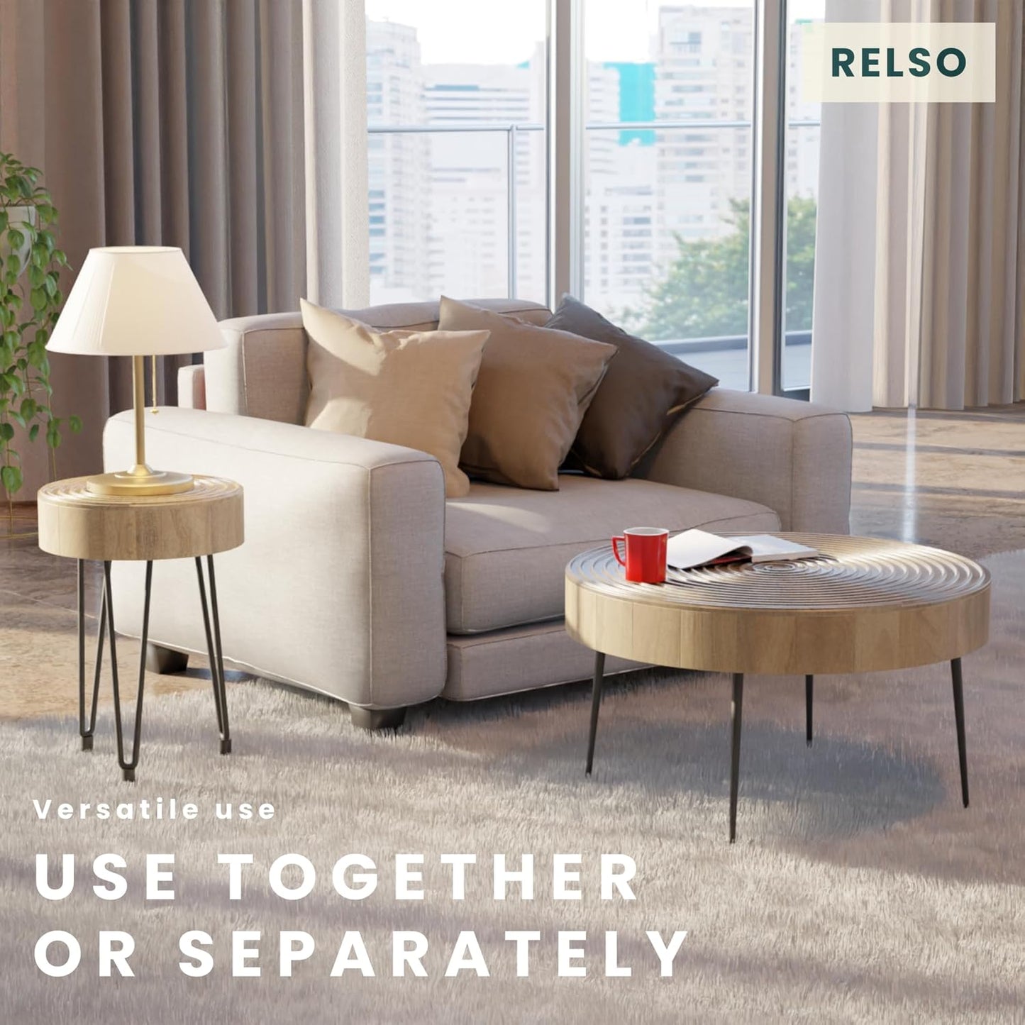 Relso Aspen Round Nesting Coffee Table Set of 2 – Solid Wood Nesting Tables with Metal Legs