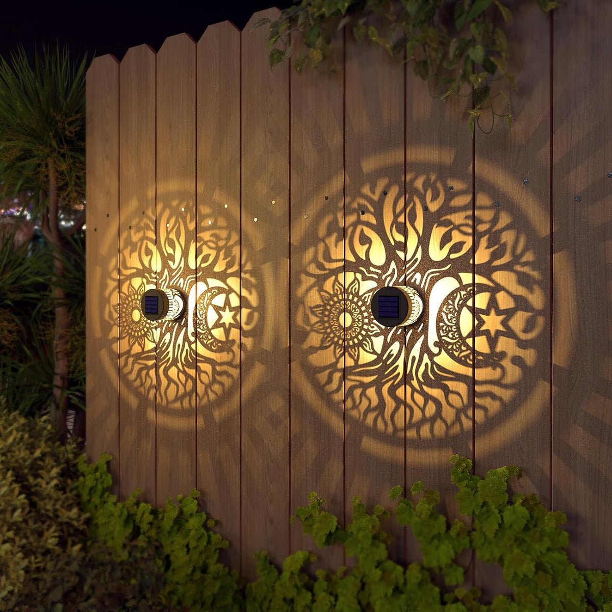 2 Pack Solar Fence Lights Metal Solar Powered Outdoor Wall Deck Step Lights Tree Theme Waterproof