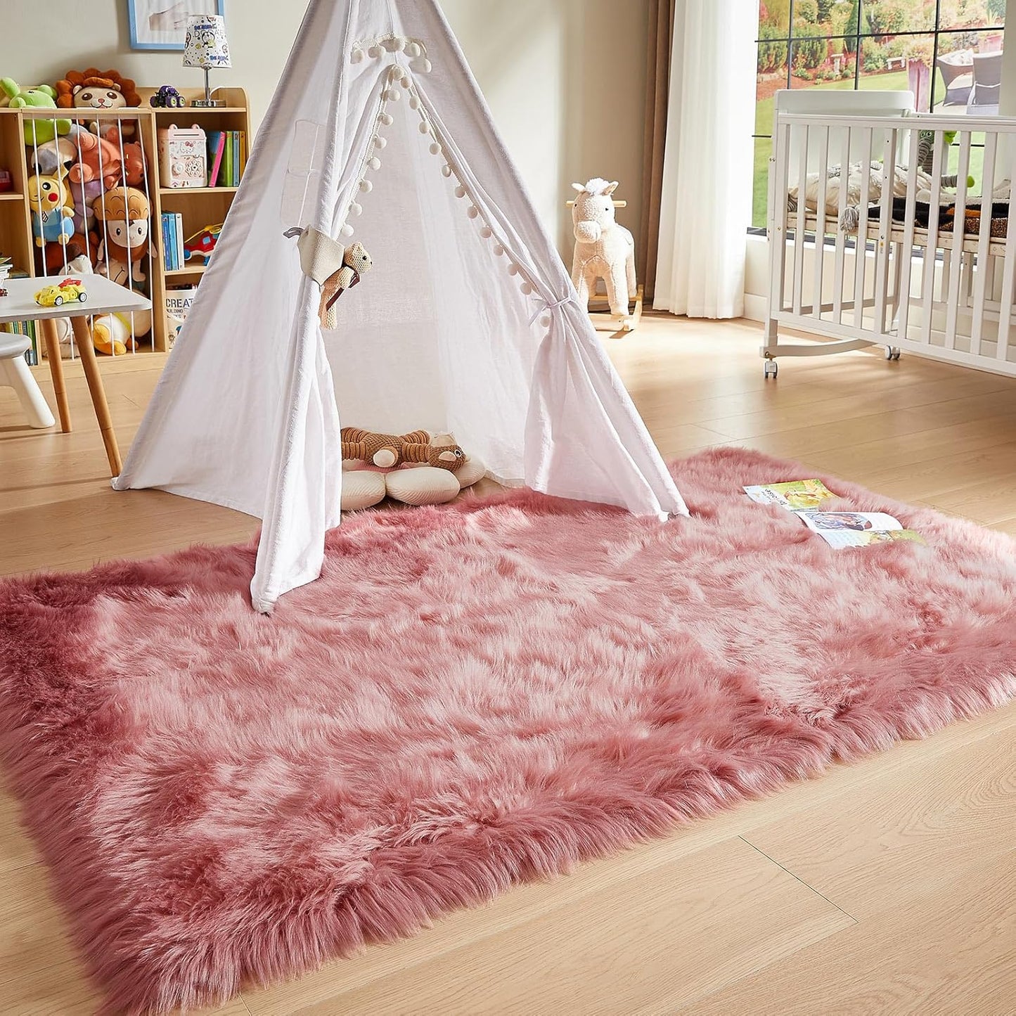 AMTOVO Faux Fur Sheepskin Rug for Living Room, 4 x 6 ft Blush Pink Fluffy Area Rug for Bedroom
