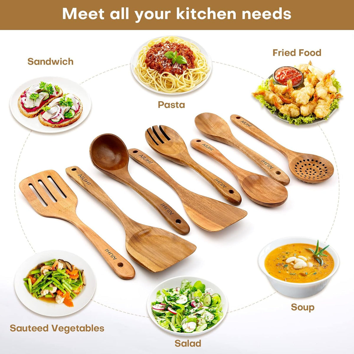 AIUHI Wood Spoons for Cooking, Nonstick Kitchen Utensil Set, Wooden Spoons Cooking Utensil Set Non
