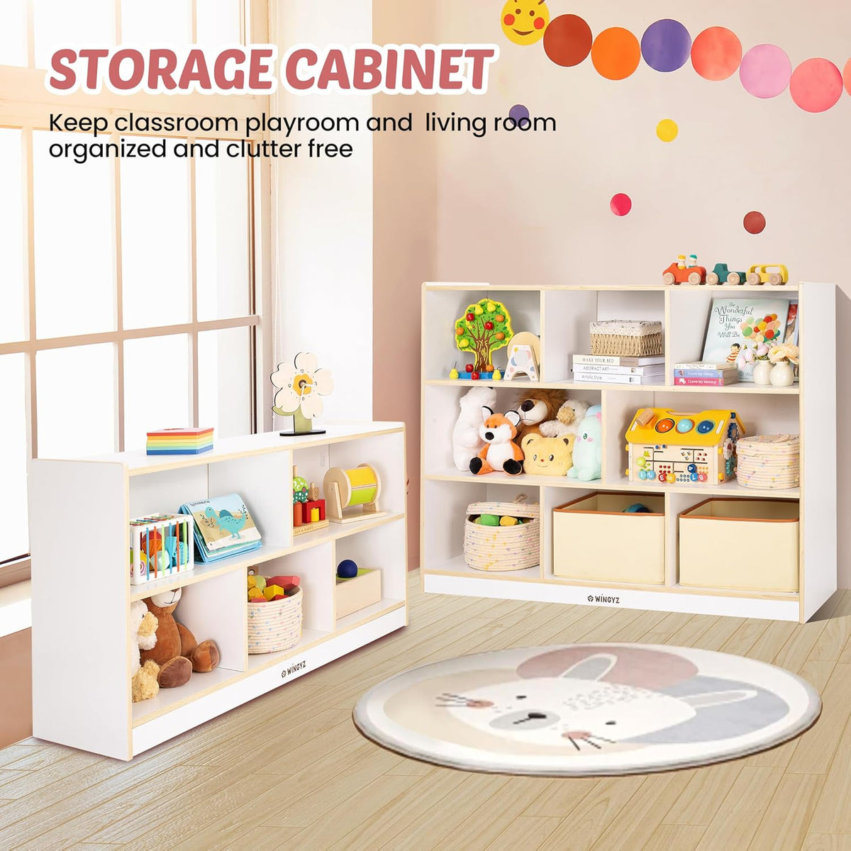 Toy Storage Organizer for Kids, 5-Compartment Wooden Storage Cabinet, Children Bookcase and