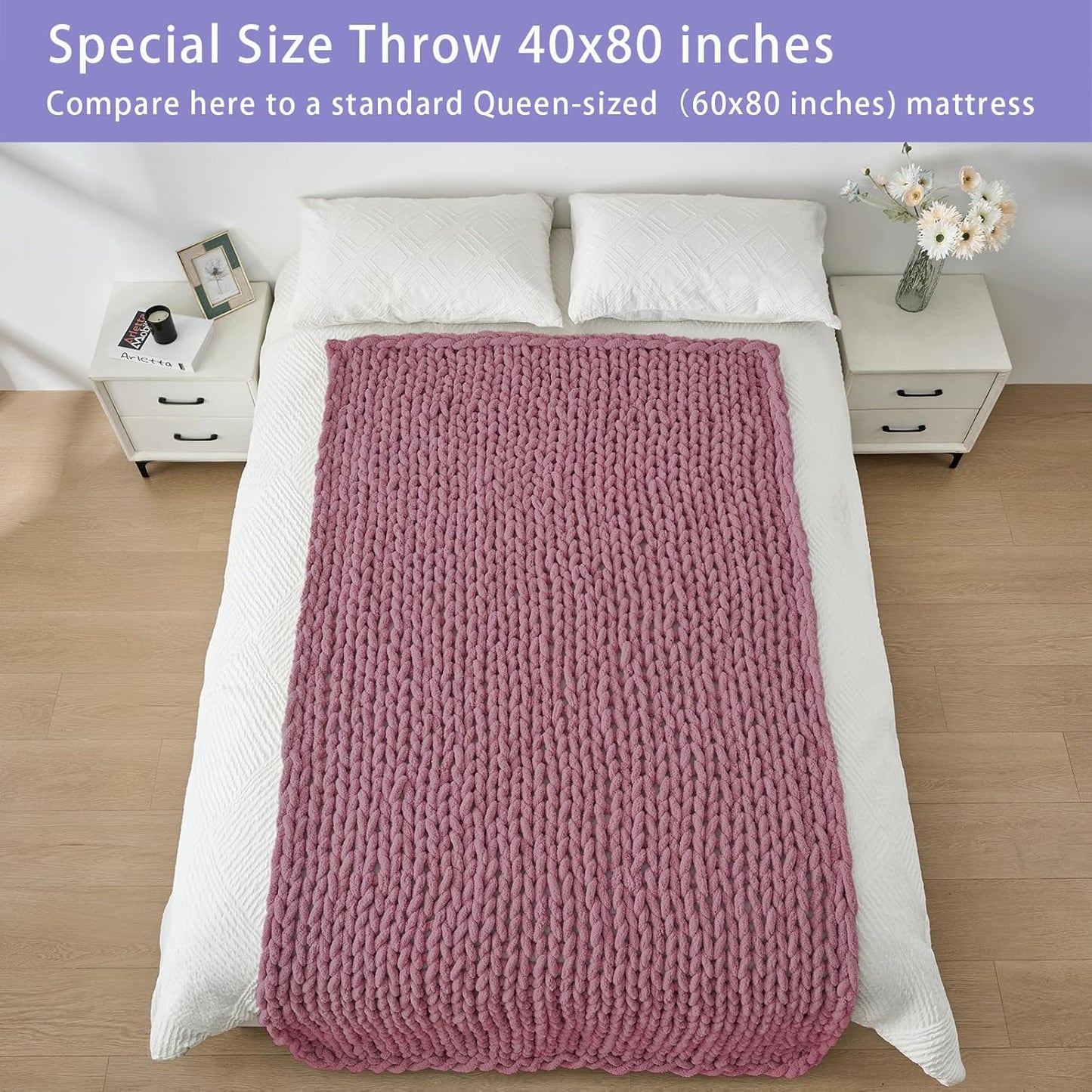 Bigacogo Chunky Knit Throw Blanket for Couch, 40x80 inches, 100% Hand Knitted with Thick Jumbo