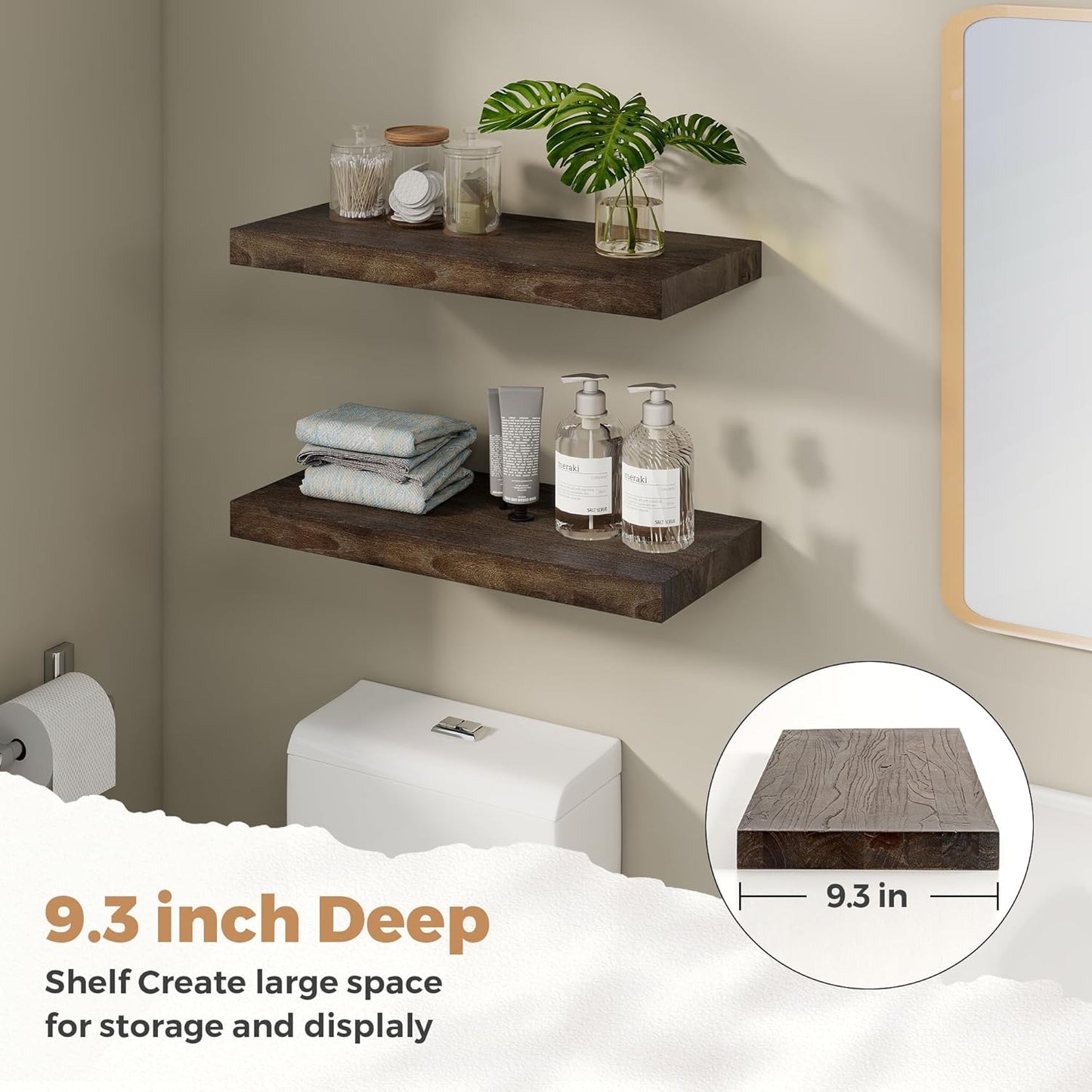 RICHFOCUS Elm Floating Shelves for Wall - 24" W x 9.3" D Rustic Solid Wood Shelves with Invisible