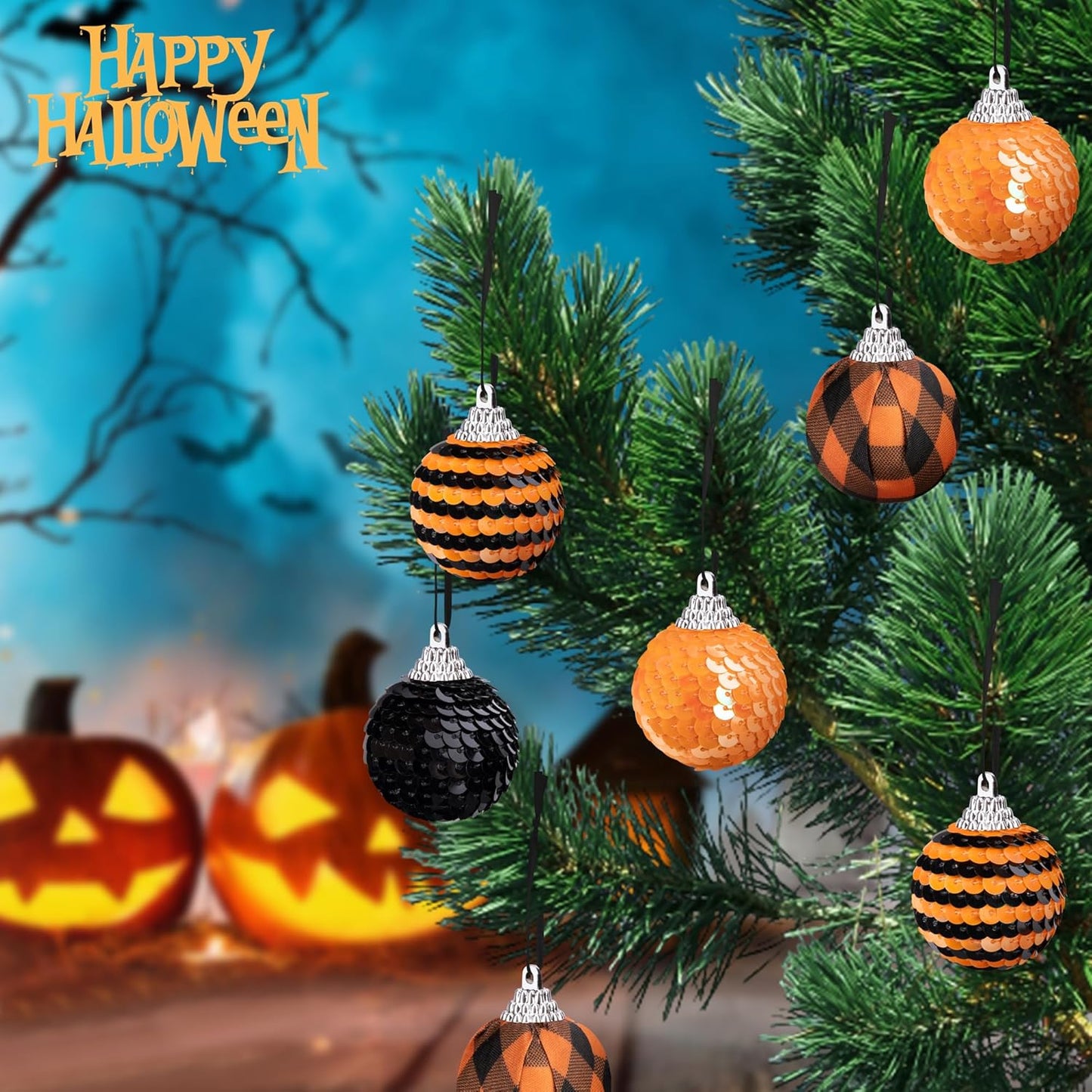 24 PCS Halloween Sequin Hanging Ball Ornaments-1.6 Inch Halloweens Black Orange Sequin