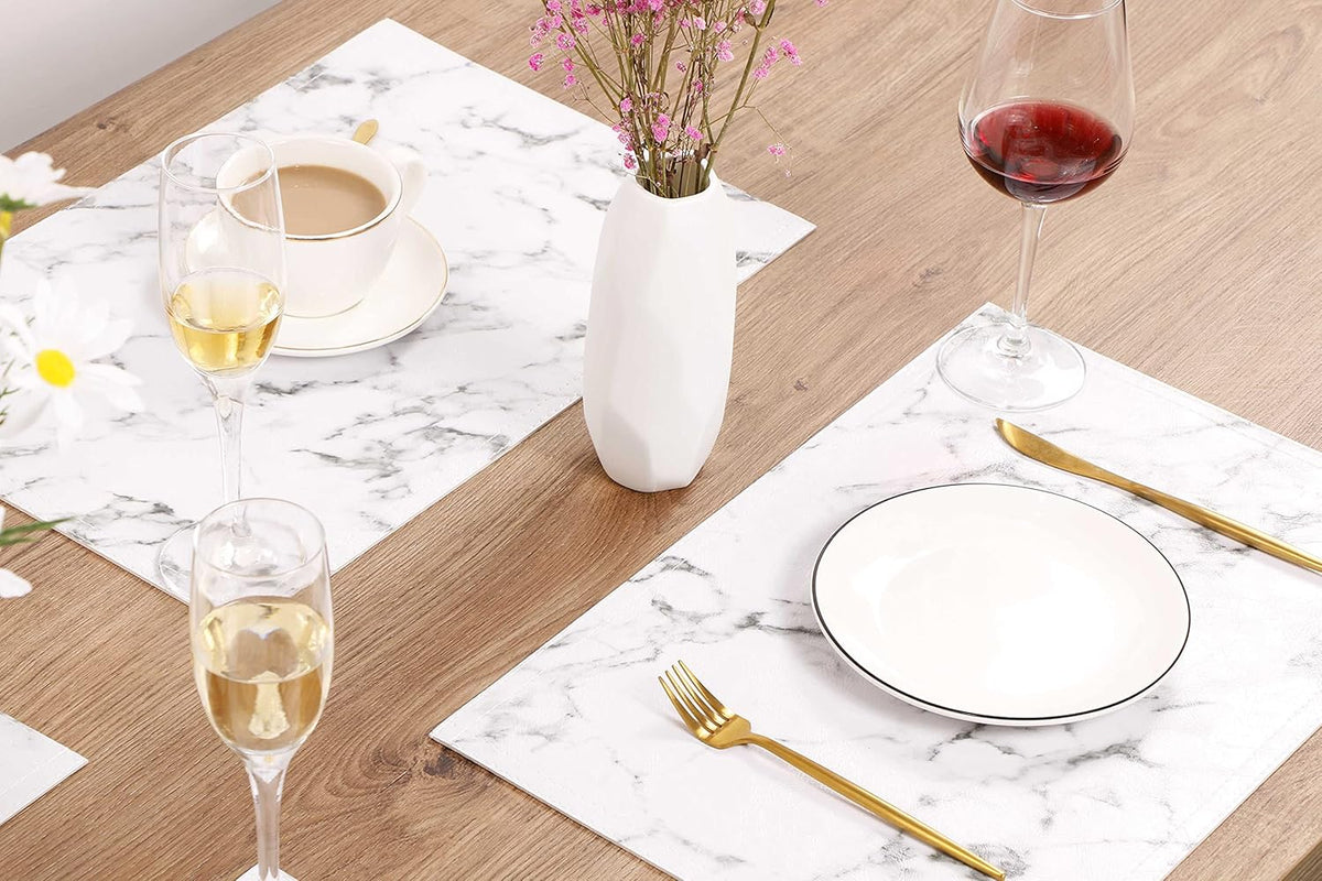 Marble Faux Leather PU Placemats, Set of 6, Easy to Clean, Heat & Stain Resistant for Dining