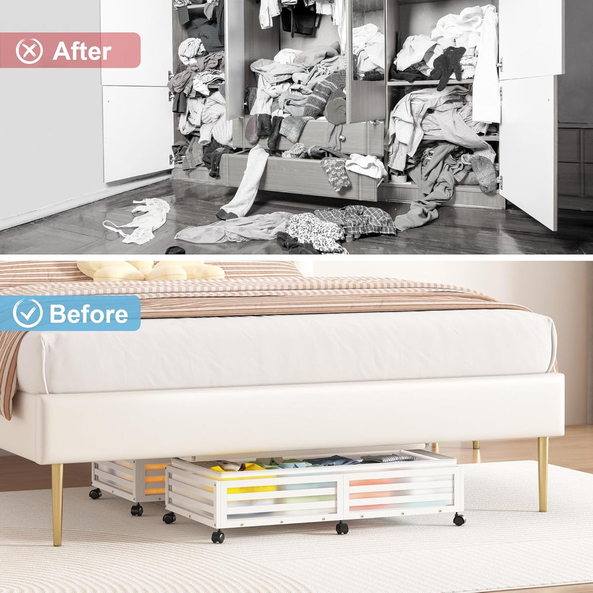Under Bed Storage with Wheels-Large Bamboo Underbed storage Containers with Large Dust Bag